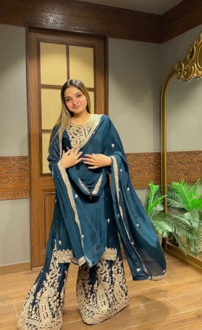 Lovely Blue Heavy Chinon Silk Embroidery Work Sharara Suit