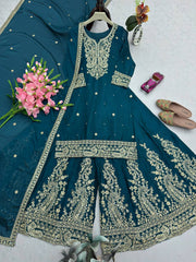 Lovely Blue Heavy Chinon Silk Embroidery Work Sharara Suit
