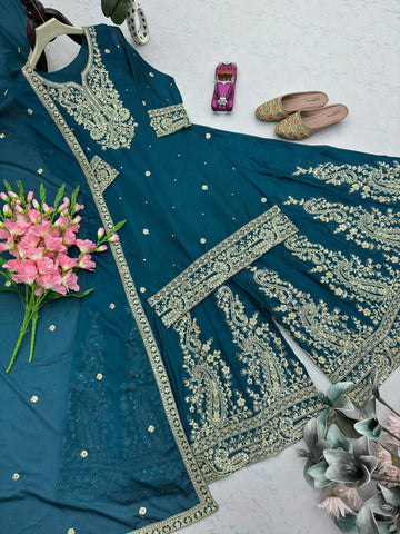 Lovely Blue Heavy Chinon Silk Embroidery Work Sharara Suit