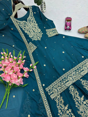 Lovely Blue Heavy Chinon Silk Embroidery Work Sharara Suit