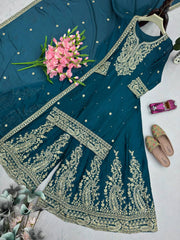 Lovely Blue Heavy Chinon Silk Embroidery Work Sharara Suit