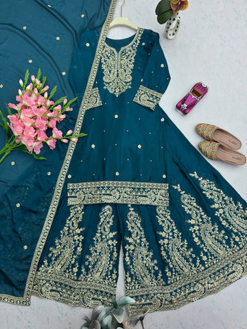 Lovely Blue Heavy Chinon Silk Embroidery Work Sharara Suit