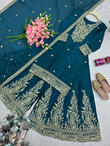 Lovely Blue Heavy Chinon Silk Embroidery Work Sharara Suit
