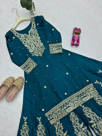 Lovely Blue Heavy Chinon Silk Embroidery Work Sharara Suit