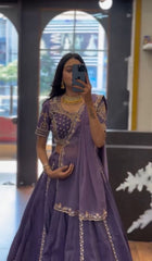 Stunning Lavender Chinon Embroidery Work Lehenga Choli