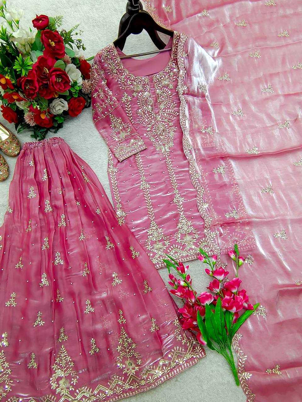 Pink Color Embroidery Sequence Moti Work Sharara Suit