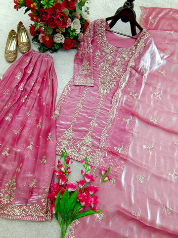 Pink Color Embroidery Sequence Moti Work Sharara Suit