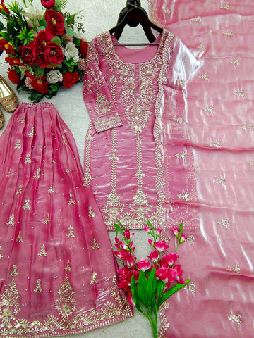 Pink Color Embroidery Sequence Moti Work Sharara Suit