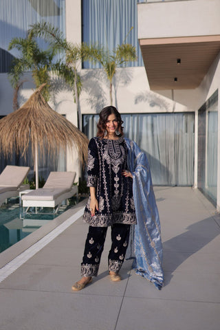 Lovely Blue Velvet with Zari Embroidered Work Sharara Suit