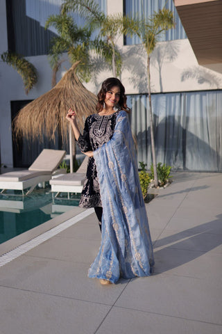 Lovely Blue Velvet with Zari Embroidered Work Sharara Suit