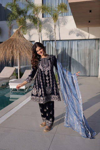 Lovely Blue Velvet with Zari Embroidered Work Sharara Suit
