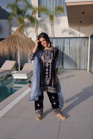 Lovely Blue Velvet with Zari Embroidered Work Sharara Suit