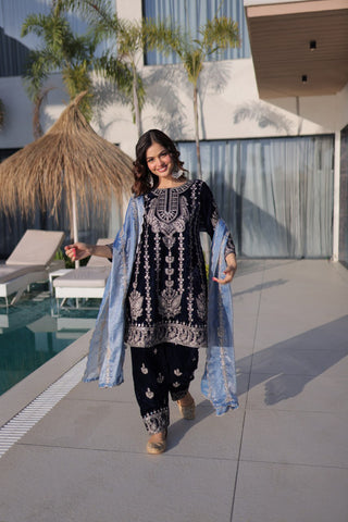 Lovely Blue Velvet with Zari Embroidered Work Sharara Suit
