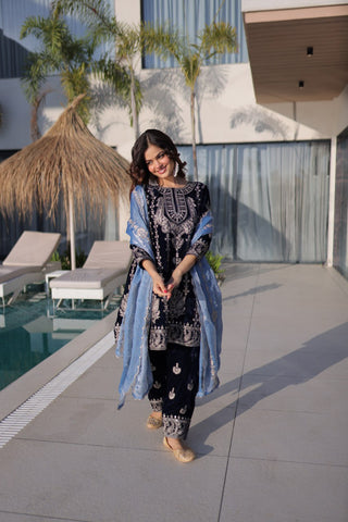 Lovely Blue Velvet with Zari Embroidered Work Sharara Suit