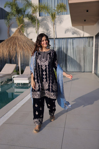 Lovely Blue Velvet with Zari Embroidered Work Sharara Suit