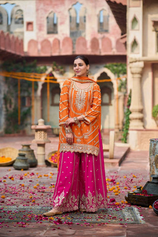 Lovely Orange Thread and Sequence Work Sharara Suit