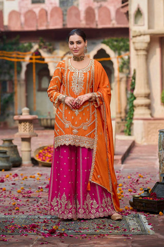 Lovely Orange Thread and Sequence Work Sharara Suit
