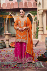 Lovely Orange Thread and Sequence Work Sharara Suit