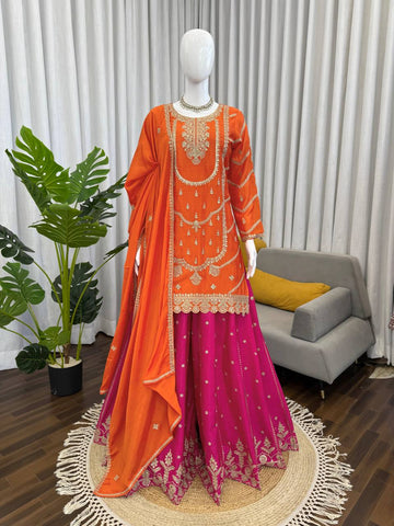 Lovely Orange Thread and Sequence Work Sharara Suit