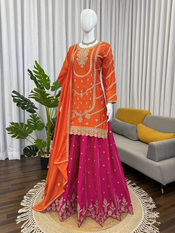 Lovely Orange Thread and Sequence Work Sharara Suit