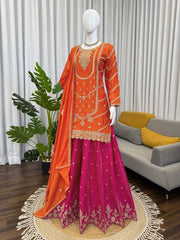 Lovely Orange Thread and Sequence Work Sharara Suit