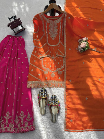 Lovely Orange Thread and Sequence Work Sharara Suit