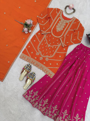 Lovely Orange Thread and Sequence Work Sharara Suit