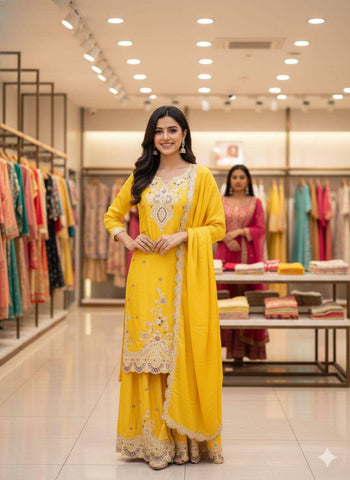 Exclusive Yellow Chinon with Sequence Embroidery Sharara Suit