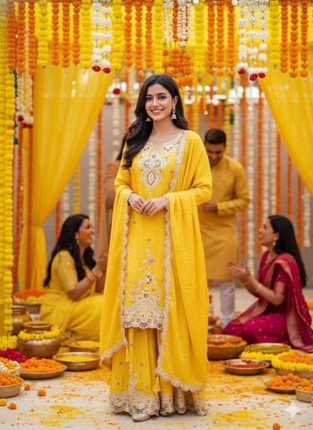 Exclusive Yellow Chinon with Sequence Embroidery Sharara Suit