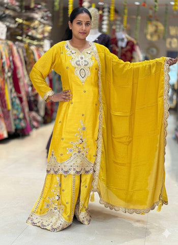 Exclusive Yellow Chinon with Sequence Embroidery Sharara Suit