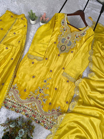 Exclusive Yellow Chinon with Sequence Embroidery Sharara Suit