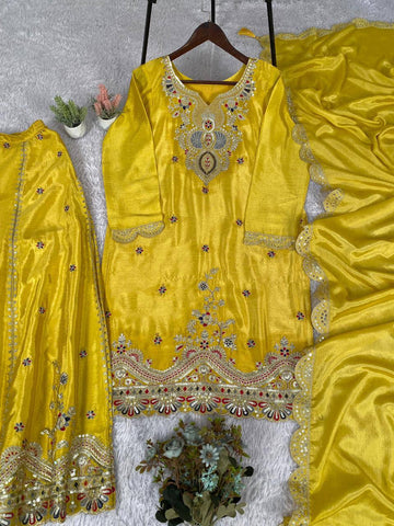 Exclusive Yellow Chinon with Sequence Embroidery Sharara Suit