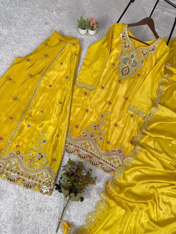 Exclusive Yellow Chinon with Sequence Embroidery Sharara Suit