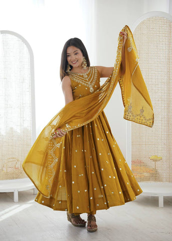 Exclusive Mustard Roman Silk with Embroidery Sequence Work Anarkali Gown
