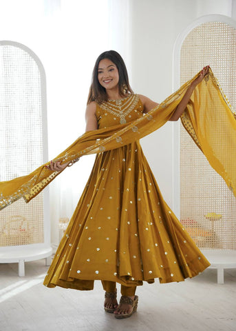 Exclusive Mustard Roman Silk with Embroidery Sequence Work Anarkali Gown