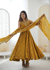 Exclusive Mustard Roman Silk with Embroidery Sequence Work Anarkali Gown