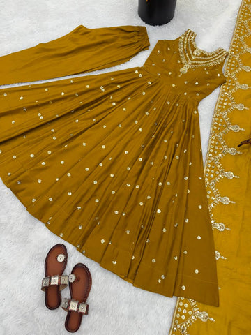 Exclusive Mustard Roman Silk with Embroidery Sequence Work Anarkali Gown