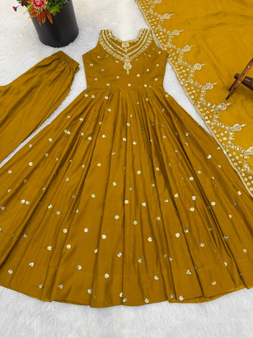 Exclusive Mustard Roman Silk with Embroidery Sequence Work Anarkali Gown