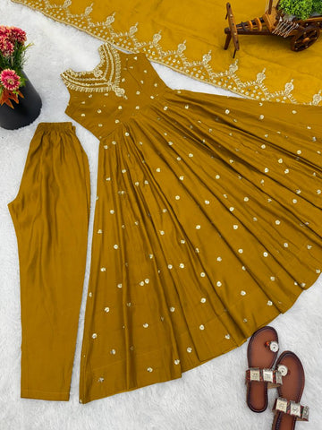 Exclusive Mustard Roman Silk with Embroidery Sequence Work Anarkali Gown