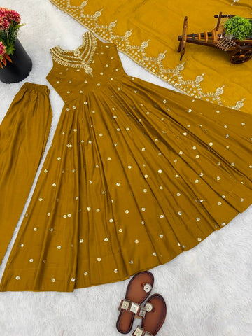 Exclusive Mustard Roman Silk with Embroidery Sequence Work Anarkali Gown