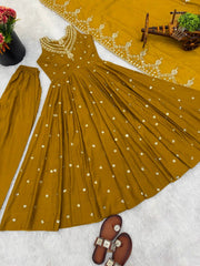 Exclusive Mustard Roman Silk with Embroidery Sequence Work Anarkali Gown