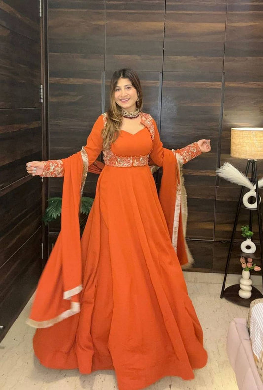 Amazing Orange Fox Georgette Embroidered Anarkali Gown