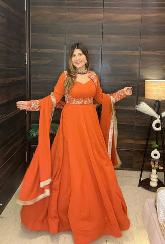 Amazing Orange Fox Georgette Embroidered Anarkali Gown