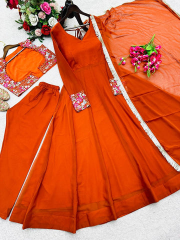 Amazing Orange Fox Georgette Embroidered Anarkali Gown