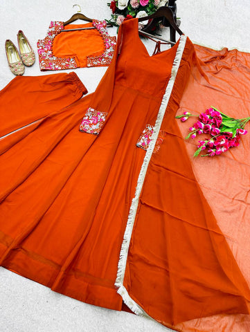 Amazing Orange Fox Georgette Embroidered Anarkali Gown