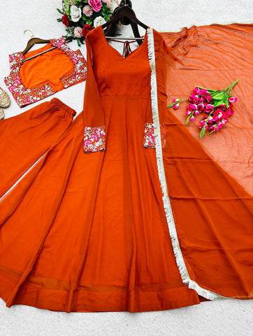 Amazing Orange Fox Georgette Embroidered Anarkali Gown