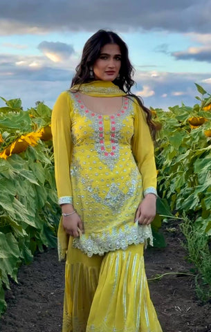Elegant Yellow Georgette with Embroidery Work Sharara Suit