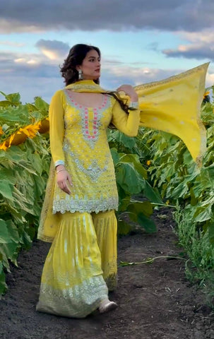 Elegant Yellow Georgette with Embroidery Work Sharara Suit