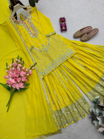 Elegant Yellow Georgette with Embroidery Work Sharara Suit