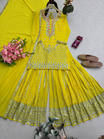 Elegant Yellow Georgette with Embroidery Work Sharara Suit